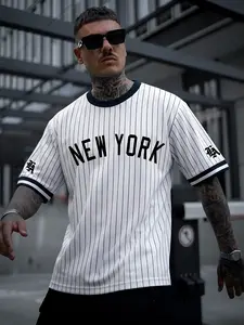 Men's New York Pinstripe Baseball Jersey, Lightweight Breathable Polyester, White & Navy Retro Sportswear, "NEW YORK" Classic Letter Print, Contrast Striped Cuffs & Ringer Neck, Oversized Tee, Athletic Tops, Daily Wear, Hip Hop Style & Athletic Loo