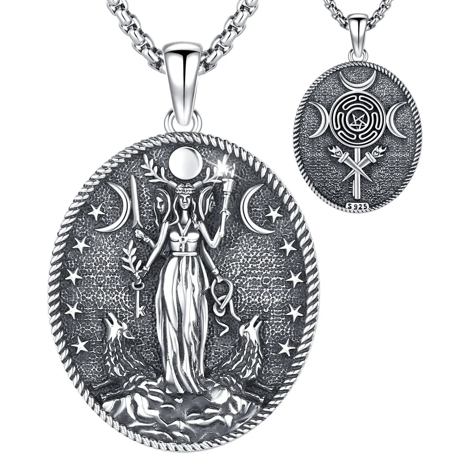 DRINSPER 925 Sterling Silver Hecate Symbol Necklace - Female Wear Everyday Goddess Statement Religious Decorative Necklace, Retro Witchy Pagan Jewelry Pendant, Goddess Necklace