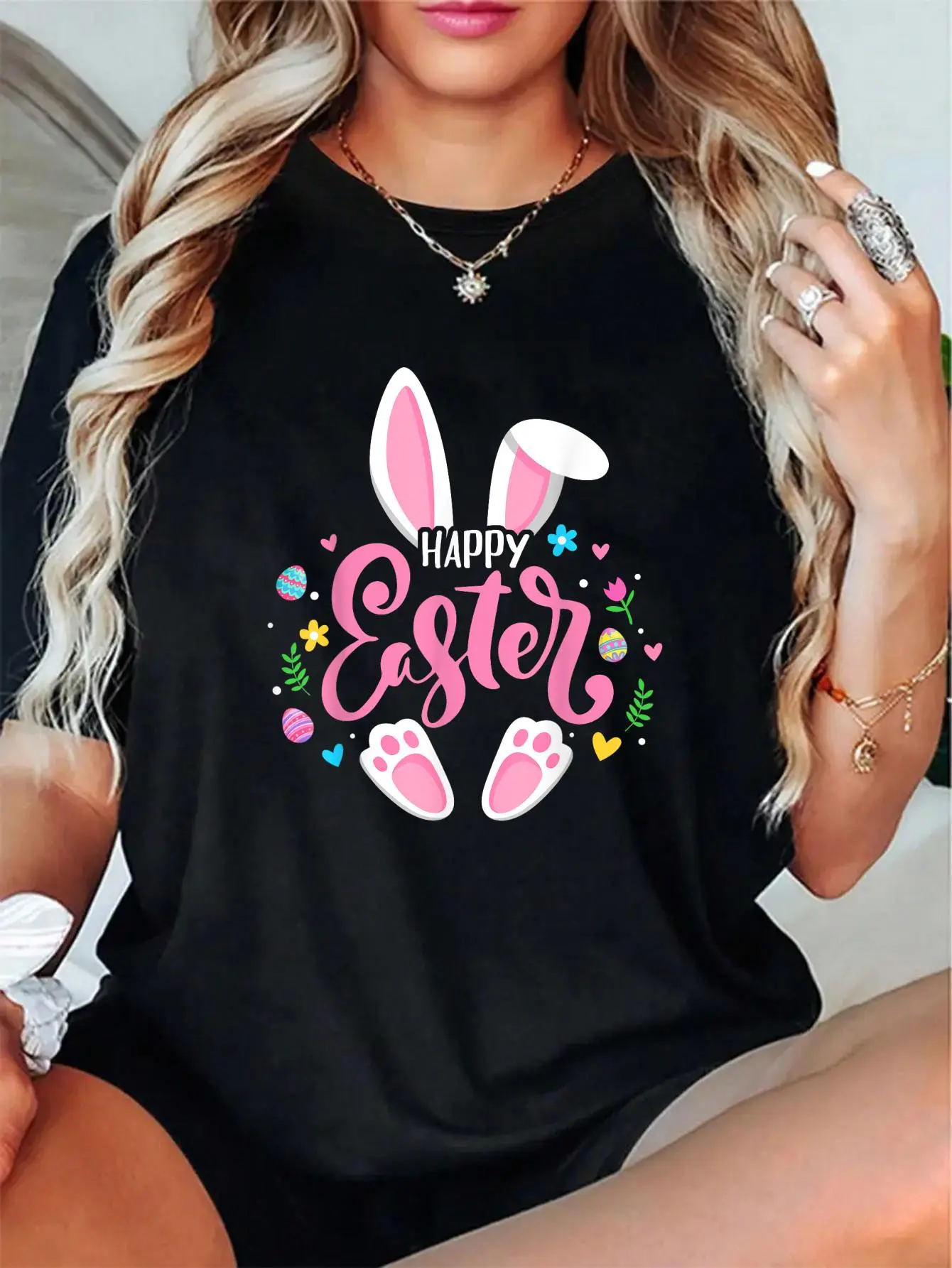 Unisex 100% Cotton Happy Easter Bunny Easter Egg Hunt Squad Easter Women’s Family T-Shirt – Soft & Breathable, Loungewear & Partywear, Gift for Her