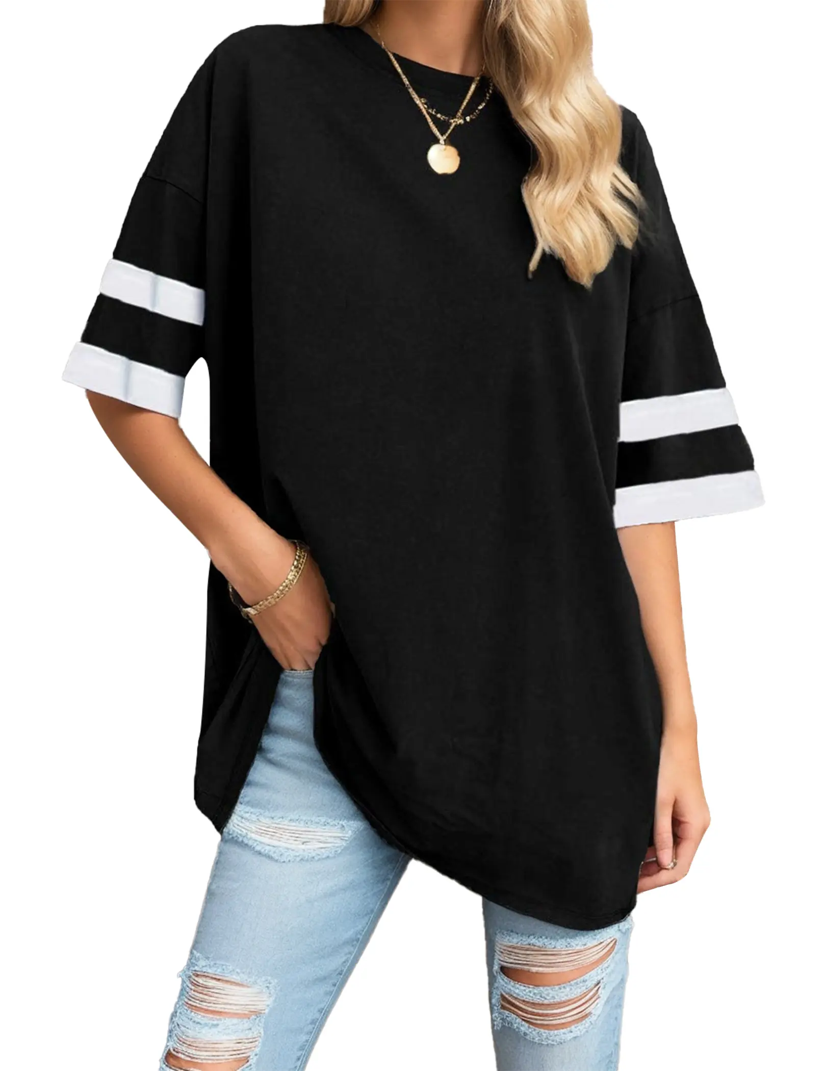 ZEAGOO Women's Oversized Cotton T-Shirt, Casual Half Sleeve Top with Stripe Cuffs, Color Block Round Neck Baggy Tunic, Style, Chic, Tshirt, Striped, Streetwear, Lady
