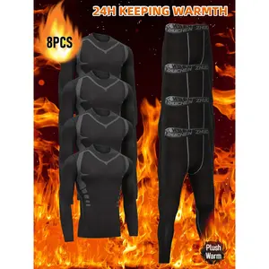 8pcs Print Fleece Sports Outfit For Men - Suitable For Running, Gym Use, Winter And Autumn Wear, Providing Warmth And Comfort. Tight-fitting Gear For Morning And Night Running, Training And Winter Sports. Sleeve