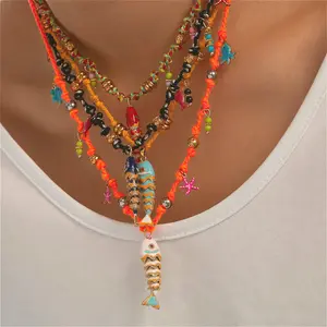 Fashion personality colorful dripping oil small fish necklace seaside vacation wind handmade cotton rope woven women's necklace suitable for daily vacation parties holiday gifts