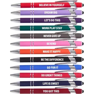 Funny Pens - 12 Pack Fine Point Smooth Writing Pens with Inspirational Tips, Black Ink, Touch Stylus Screens, Motivational Gift for Office & Desk Accessories