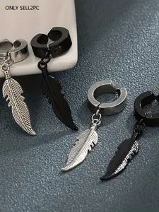 Men's Feather Pendant Earrings Clip-On, No Piercing High-End Style, Trendy Punk Look, Fake Ear Bone Clips, Pair, High Quality Earrings