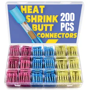200PCS Heat Shrink Butt Wire Connector Kit, Insulated Waterproof Electrical Wire Crimp Terminals Butt Splice for Marine Automotive
