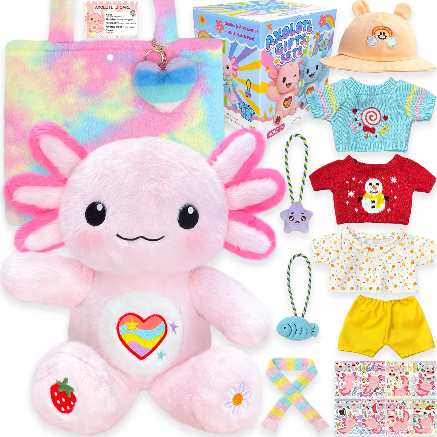 Cute Soft Huggable Axolotl Plush Gift Set with 12 Pcs Axolotl Stuffed Animal Clothes & Accessories, 13-Inch Axolotl Toy, Birthday Gifts for Girls Kids Ages 4-12