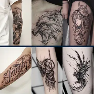 6 Large Herbal Tattoo Stickers, Including Carp, Wolf, Geisha, Mexican American, Angel, Crane and Other Elements, and 2 Random Patterns, Lasting 7-15 Days, Waterproof and Anti-Friction, Realistic Effect, Suitable for Those Afraid of Pain or Not Wanting to