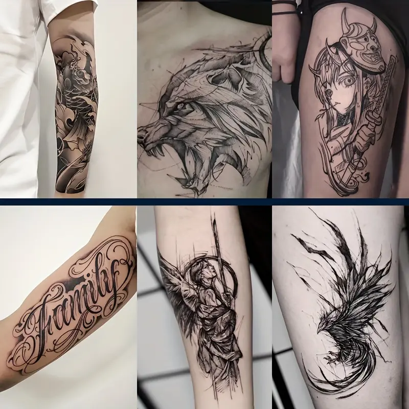 6 Large Herbal Tattoo Stickers, Containing Elements Such as Carp, Wolf, Geisha, Mexican American, Angel, Crane, and 2 One Random Patterns, Lasting for 7-15 Days, Waterproof and Anti-Friction, Realistic Effect, suitable for People Who Are Afraid of Pain Or