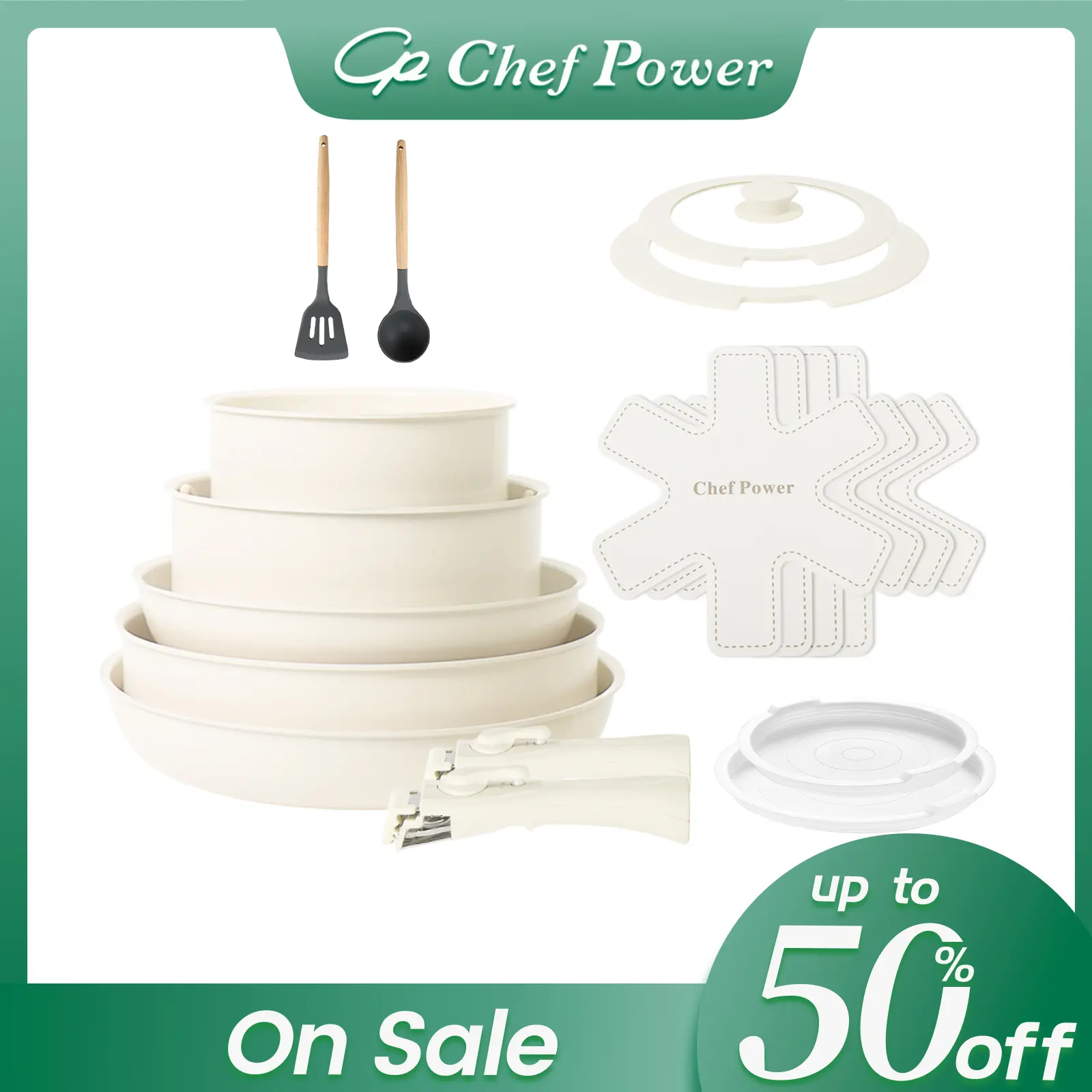 Chef Power 17pcs Detachable Handle Ceramic Pots and Pans Set, Nonstick Cookware Set, Kitchen Cookware Sets, RV Cookware Set, Oven Safe Silicone Modern Induction Fry Lids pots pans set