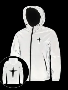 Men's Spring & Fall Outdoor Reflective Jacket, Fashionable Hooded Print Coat, Night Cycling Jacket, Casual Fitted Short Style, Lightweight Sports Jacket