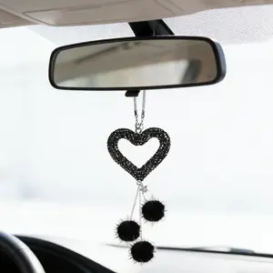 Diamond Heart Car Hanging Ornament, Hollow Out Design Plush Ball Decoration, Rearview Mirror Pendant, Car Interior Accessories
