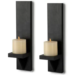 Set of 2 Wooden Wall Candle Sconces Rustic Wall Mount Wooden Pillar Candle Sconces, Black Farmhouse Wall Candle Sconces Hanging Wall Sconces Vintage Wall Candle Holders Decor for Living Room