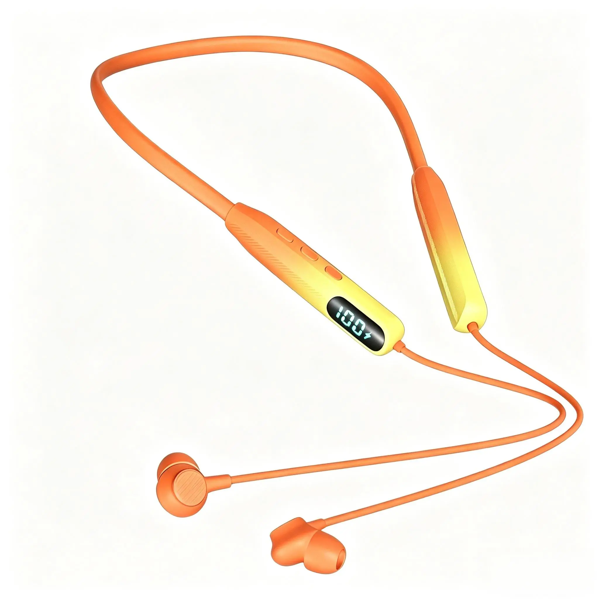Orange Gradient Bluetooth Neckband Earbuds, Hi Vis Safety Work Headphones, LED Display, 72H Battery, Magnetic IPX5 Sweatproof Headset with Mic for Warehouse Sports Running
