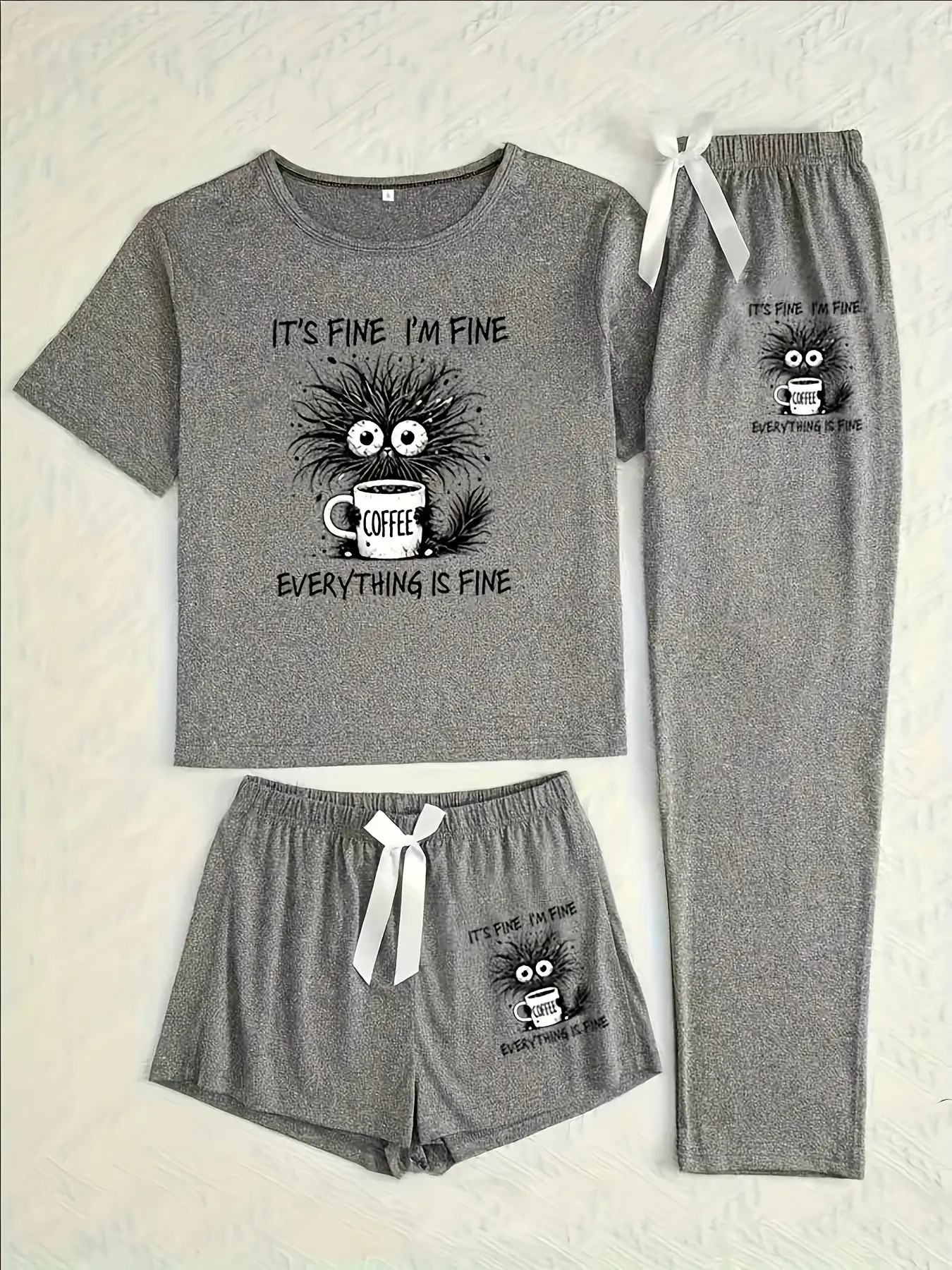 Cute Cat Three-Piece Home Loungewear Pajama Set, Loungewear Sleepwear Set, Cartoon Pattern, Loose-Fitting Casual Wear, All-Seasons Comfortable, Ideal for Daily Use