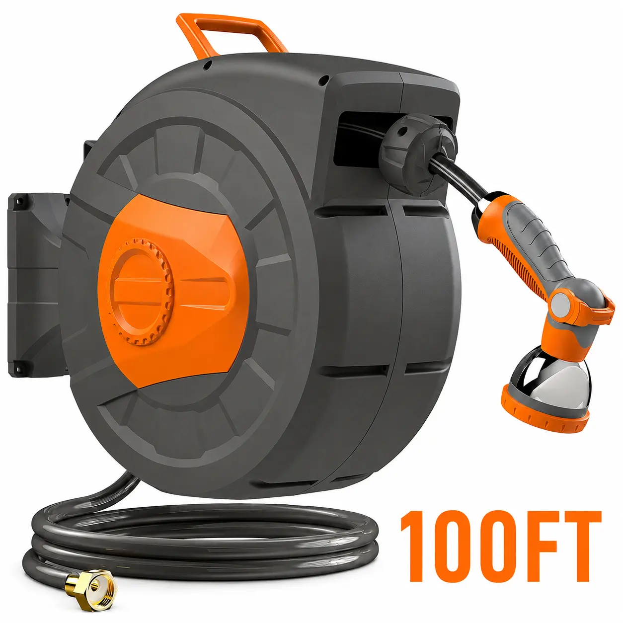 RIFPOD 100 FT Retractable Garden Hose Reel,  Wall Mounted Water Hose Reel with Adjustable Spray Nozzle, 180° Swivel Bracket, Automatic Rewind & Lock at Any Length, Slow Return System for Garden, Lawn, Car Washing, Patio & Yard Cleaning