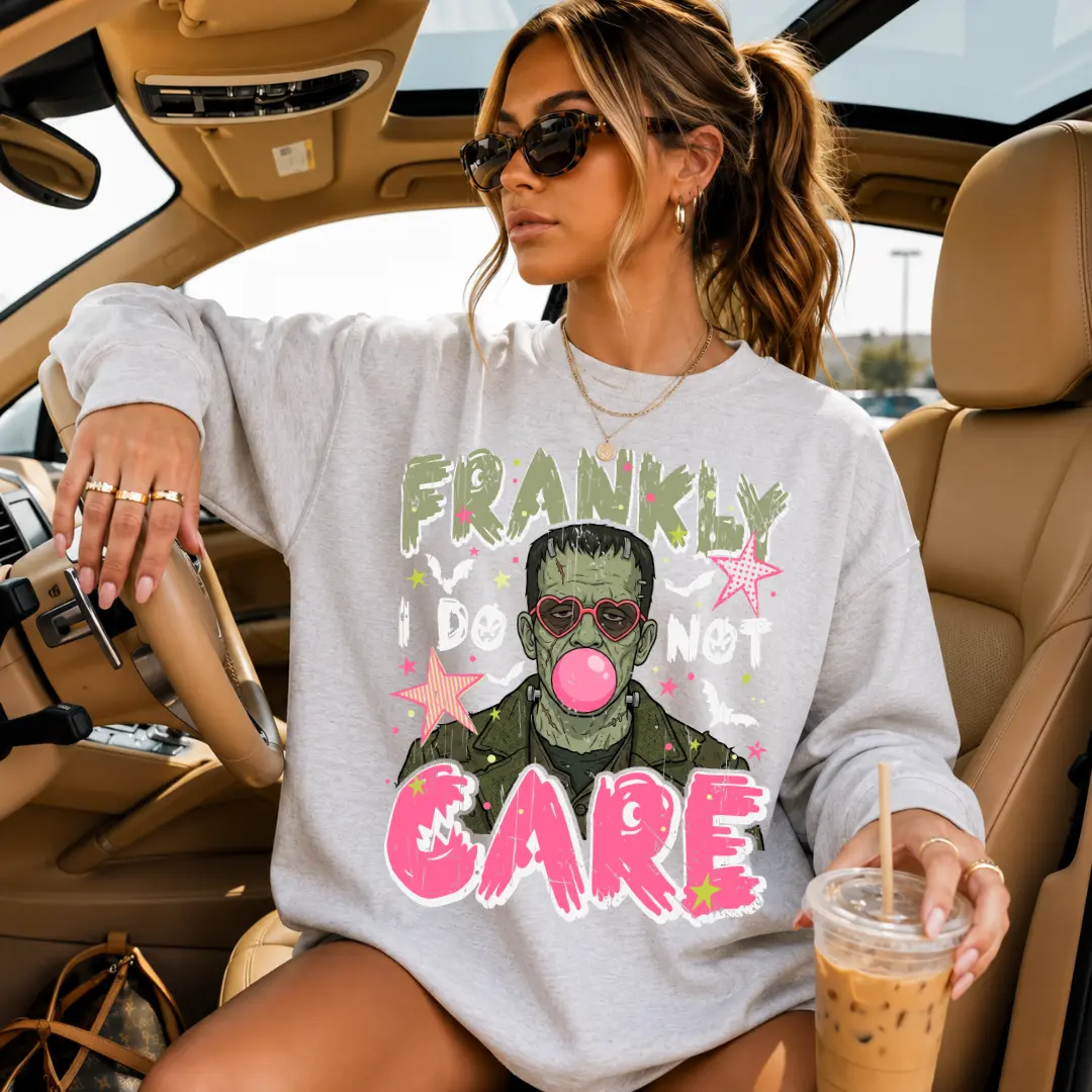 Frankly I Do Not Care Crewneck | Frankenstein Halloween Sweatshirt | Halloween Graphic Crewneck | Funny Spooky Season Crew | Retro Monster Halloween Sweatshirt