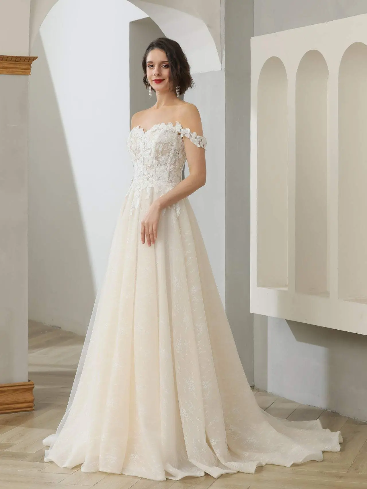 Women's Made-to-Order Long A-Line Wedding Gown, Off-Shoulder Tulle & Lace Design, Light Ivory & Champagne Color, Sheer Floral Lace Bodice, Tulle Chapel Train, Hidden Zip Closure, Sheer Bodice, Custom Sizes