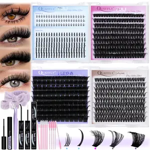 QUAFFLY Lashes 5 Styles Lash Clusters Kit, Volume/Mega/Full/Bottom Eyelash Clusters Extensions with Lash Bond and Seal, Remover,wrist strapand Lash Extension Tools for Beginners and Proficient, DIY at Home Easily（4Pack in1Box, Lash gift）
