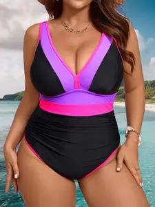 New Plus Size Solid Color V-Neck One-Piece Bikini Swimsuit, Tummy Control Swimsuit, Beachwear, All-In-One Swimwear, Comfortable & Stylish Bathing Suit, Swimsuits Tummy Control