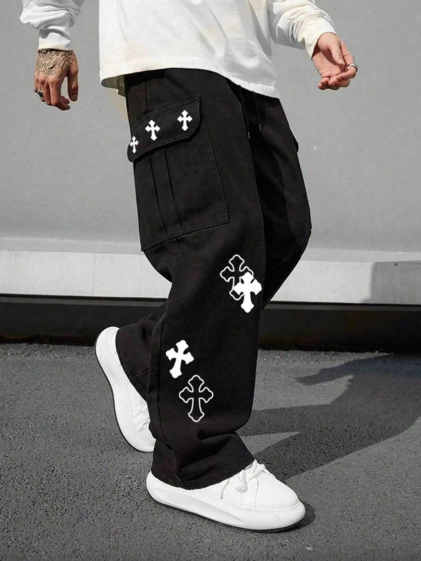 Men’s oversized wide-leg cargo pants with cross print, multiple side pockets, gothic hip hop y2k streetwear skate style, black work trousers