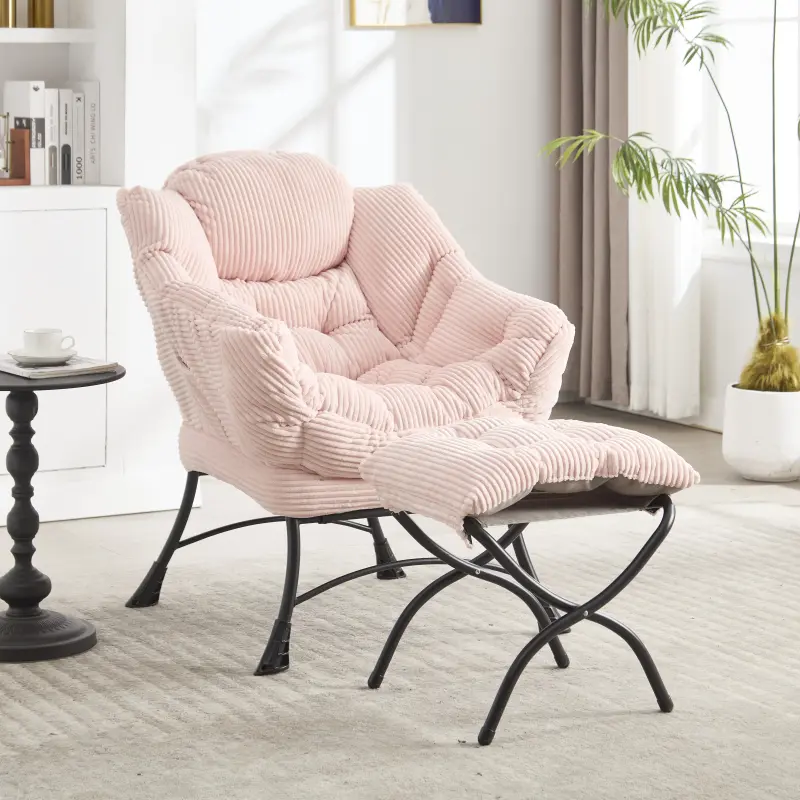 Lazy Chair with Ottoman, Modern Lounge Accent Chair with Armrests and a Side Pocket, Leisure Upholstered Sofa Chair Reading Chair with Footrest for Small Space, Corner Chair-Pink Ergonomic