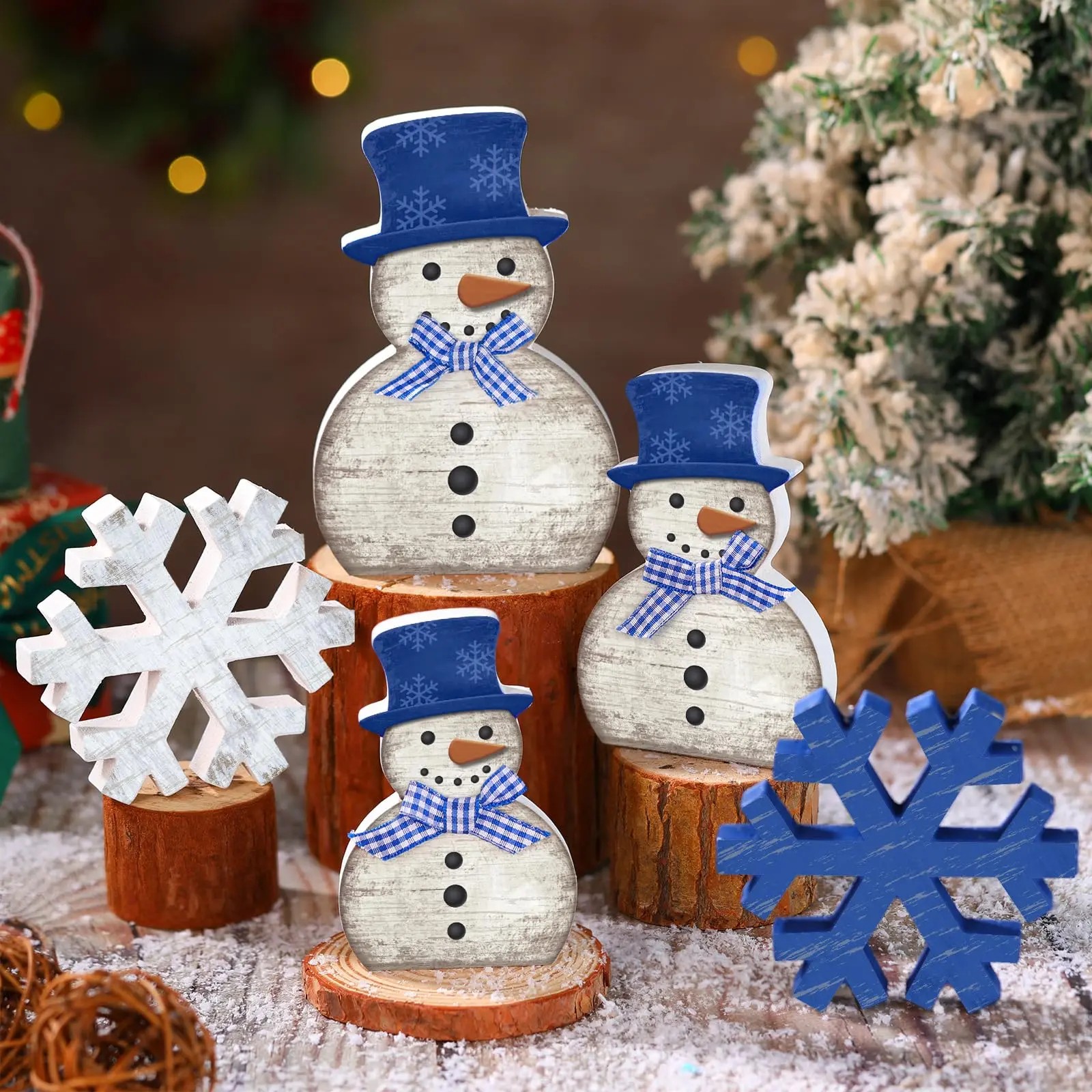 Set of 5 wooden winter dining table decorations featuring snowmen in blue and white and snowflakes; layered tray decor; Christmas dining table centerpiece ornaments; snowflake signs; winter decorations suitable for home kitchens and offices