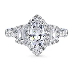 3-Stone Halo Art Deco 1ct Marquise CZ Ring in Sterling Silver