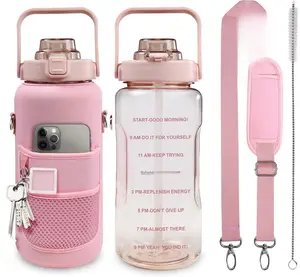 Half Gallon Water Bottle with Sleeve, 64OZ Motivational Water Bottle with Straw & Time Marker, BPA Free Leakproof Gym for Sport Workout