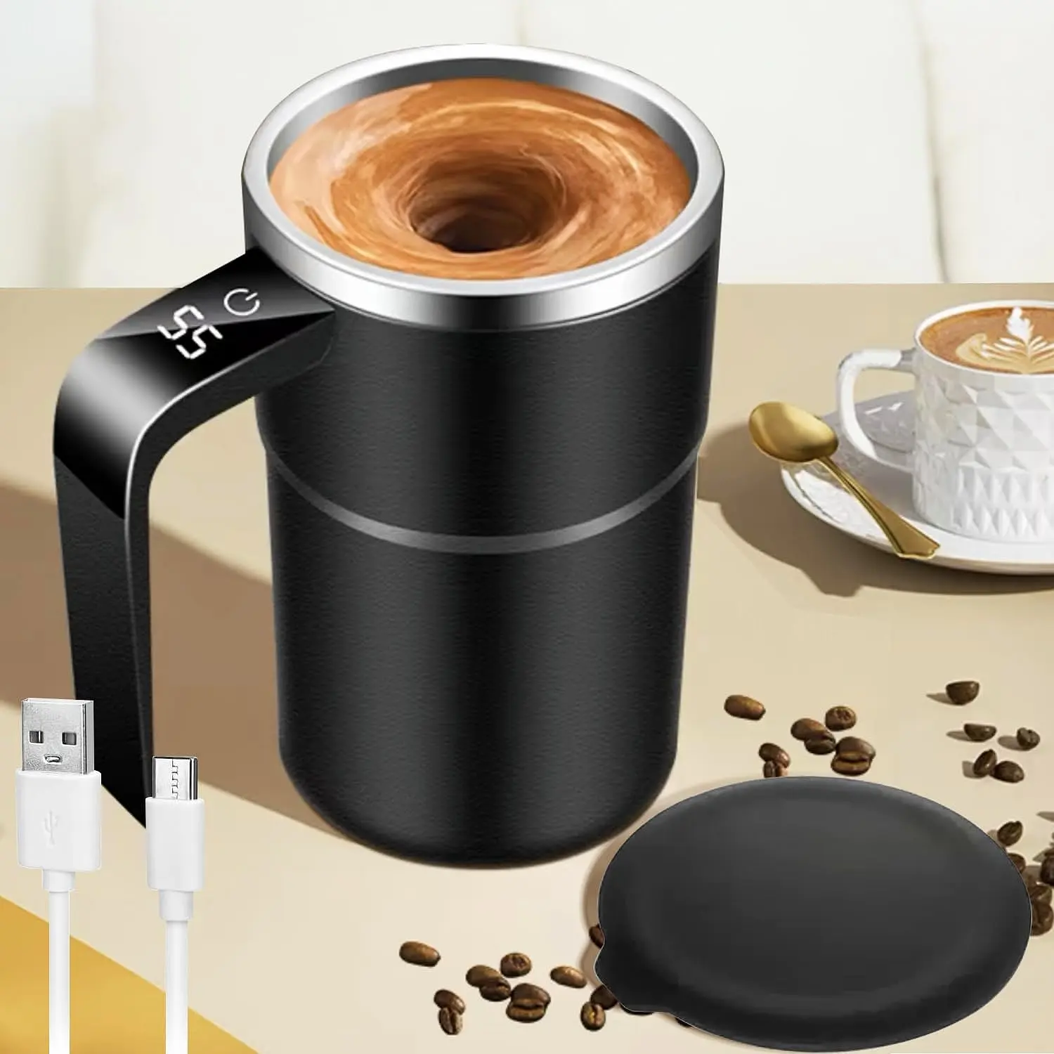 Electric Self-Stirring Coffee Tumbler - USB Rechargeable Magnetic Mixer Mug with Lid, Temperature Display, Reusable Washable Container, Coffee Lovers' Valentine's Day Gift