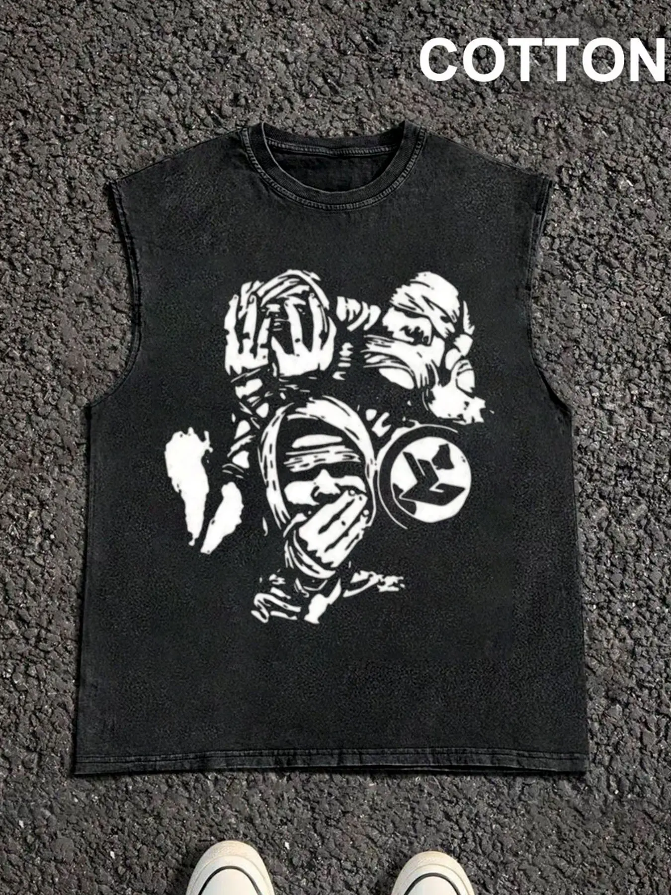 1 piece loose distressed washed graphic tank top featuring a bandage-wrapped dark portrait figure and graffiti text elements; unisex, suitable for all seasons; ideal for hip-hop, subculture, American high street, Y2K millennium summer streetwear, and Hall
