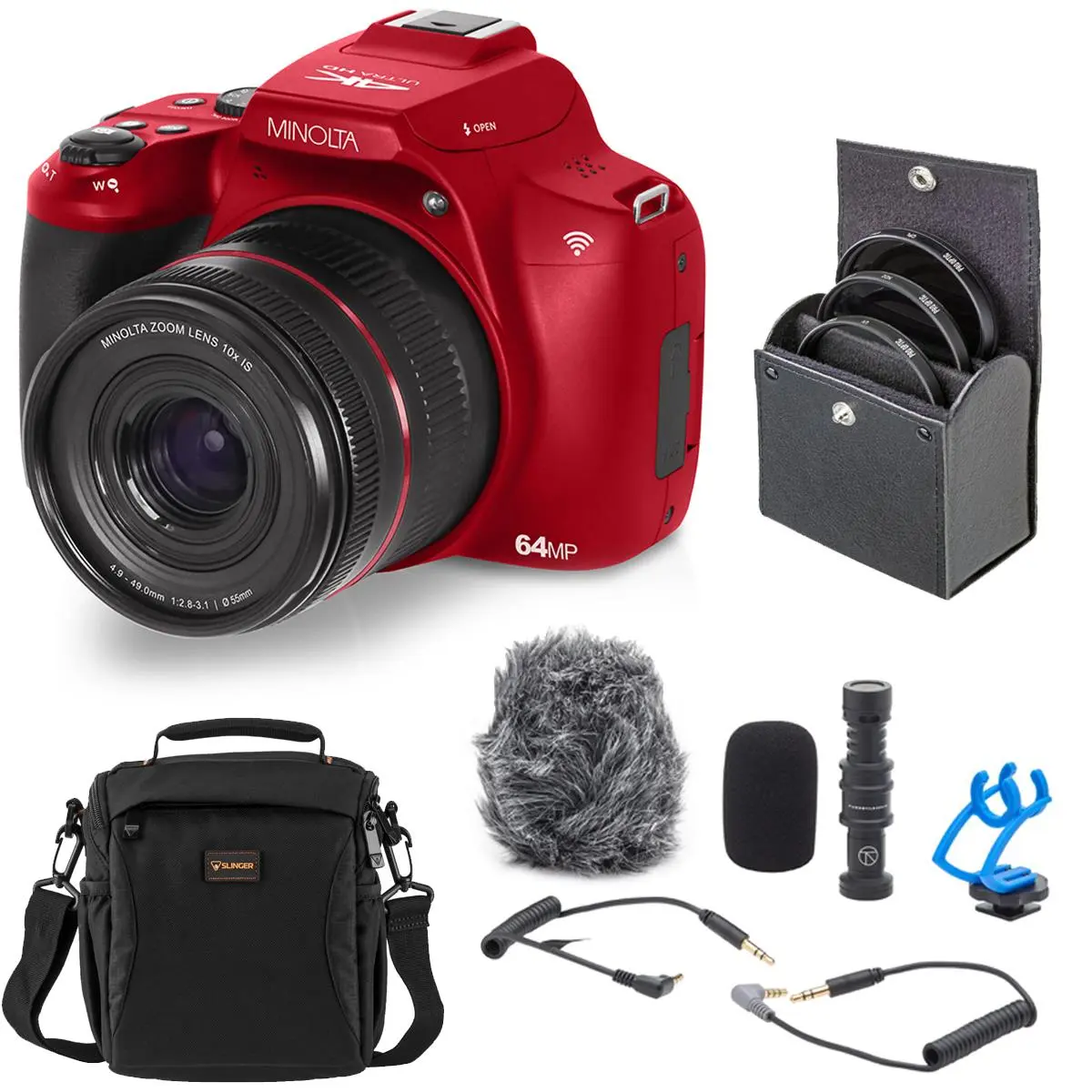 Minolta MNB10Z 64MP Durable High Definition Point & Shoot Digital Camera - Red, WiFi Equipment Bundle with Shotgun Microphone, 49mm Filter Kit, Shoulder Bag