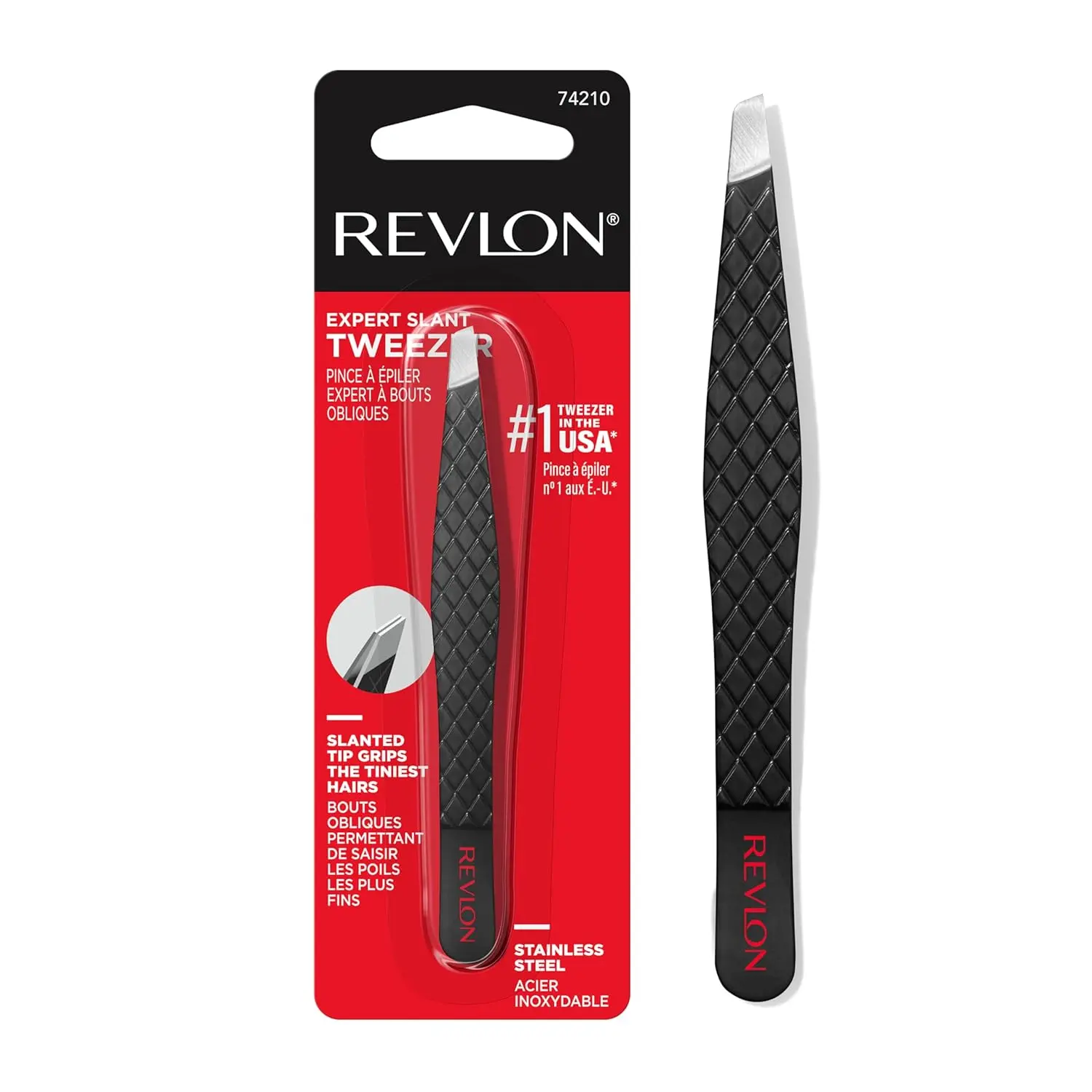 Revlon Expert Slant Tweezer - Stainless Steel Brow Cosmetic Makeup Tool for High-Precision, Easy Hair Removal, 1 Count