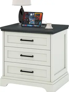 Farmhouse End Table with Charging Station, 23"W x 24"H Wood Side Table with 3 Drawers, Sofa Side Table with Outlets USB Type-C for Living Room Bedroom