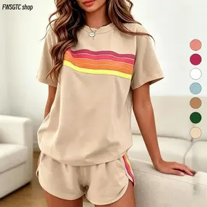 2Pcs Rainbow Striped Womens Tracksuit Set, Loose Slim Sporty Outfit, Soft Breathable Elastic Activewear for Summer Vacation, Daily Street & Outdoor Wear