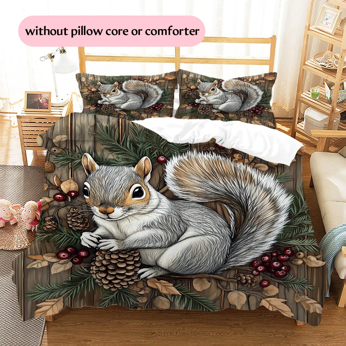 Grey Squirrel with Pinecones  Printed bedding set, duvet cover and pillowcases, home decor, Christmas decoration, bedroom duvet cover, Christmas gift, birthday gift (1 * duvet cover + 2 * pi