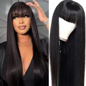 Women's 250% Density Glueless Straight Human Hair Wigs with Bangs - Black Hair Texture, Machine-Made Full Volume Wigs with Natural Bangs, Comfortable Rose Net Cap Attachment for Everyday & Formal Events, Elegant Straight Hair Wigs for Women