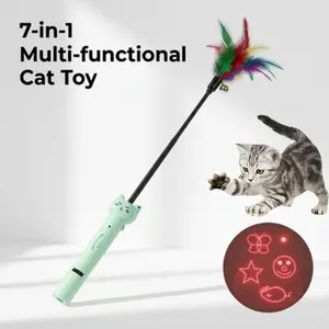 Cat Laser Pointer Toy with Feather Wand & Bell, 7-in-1 USB Rechargeable 5 Red Dot Patterns + UV Black Light + Flashlight - Interactive Cat Toys for Indoor Cats Kittens Dogs