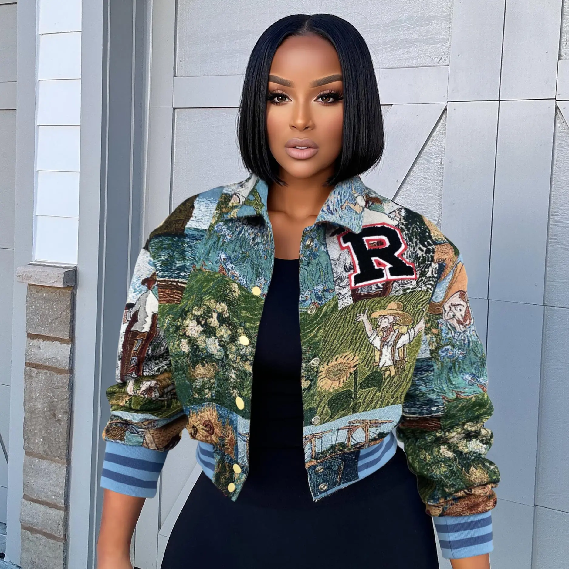 Women's Soft Fleece Cropped Varsity Bomber Jacket - Vintage Floral Print, Long-Sleeved Square-Neck, Button-Down Patchwork Polyester Outerwear, US Sizes, Lightweight, Casual Everyday Street Style (Pairs with Heels)
