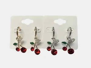 Rhinestone Cherry Hoop Drop Earring Unisex Fashion Jewelry with Red Gemstones and Heart Accents