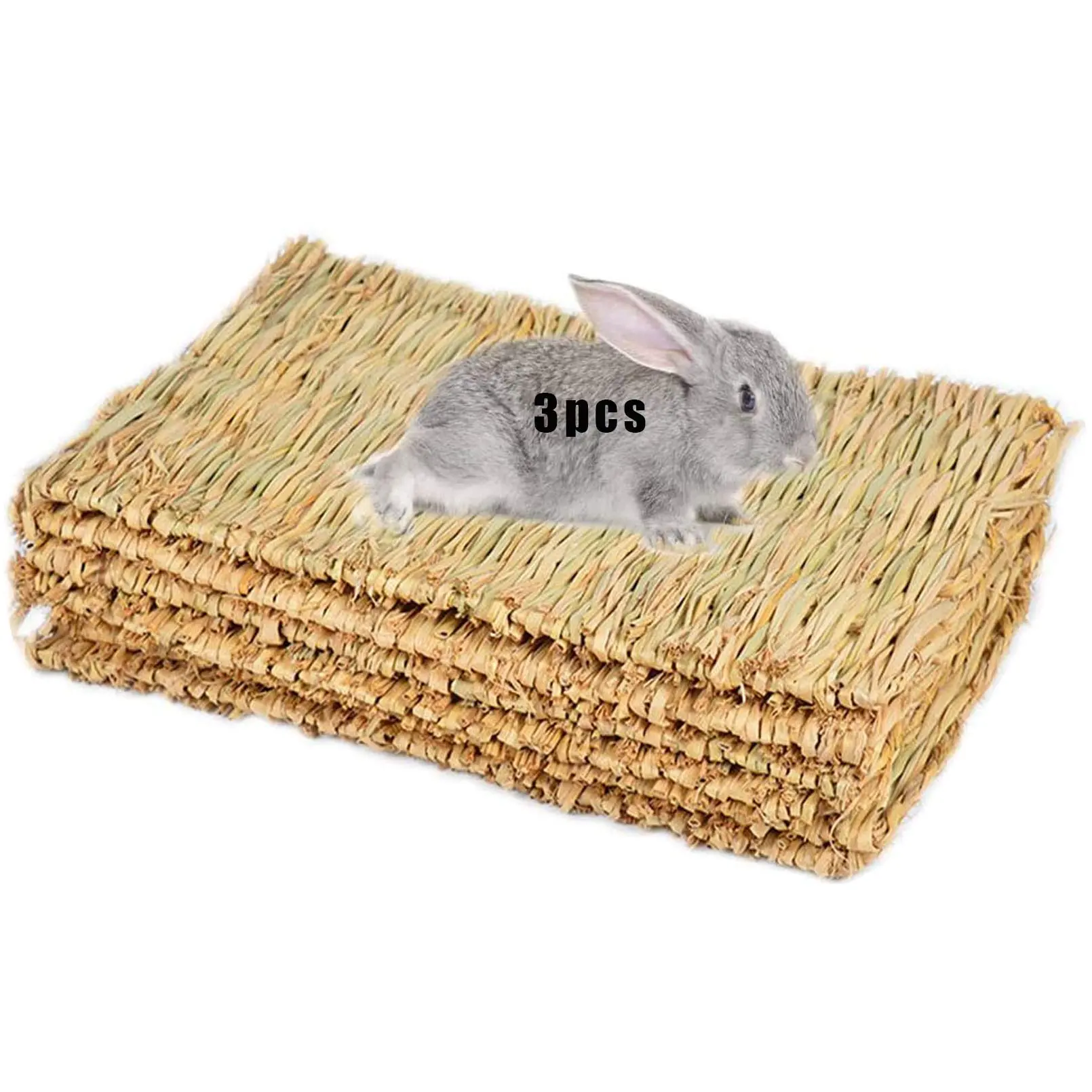 Natural Grass Mat Chew Toy Bed - Woven Bedding & Play Mat for Rabbit, Guinea Pig, Hamster, Rat, Parrot (3-Pack)
