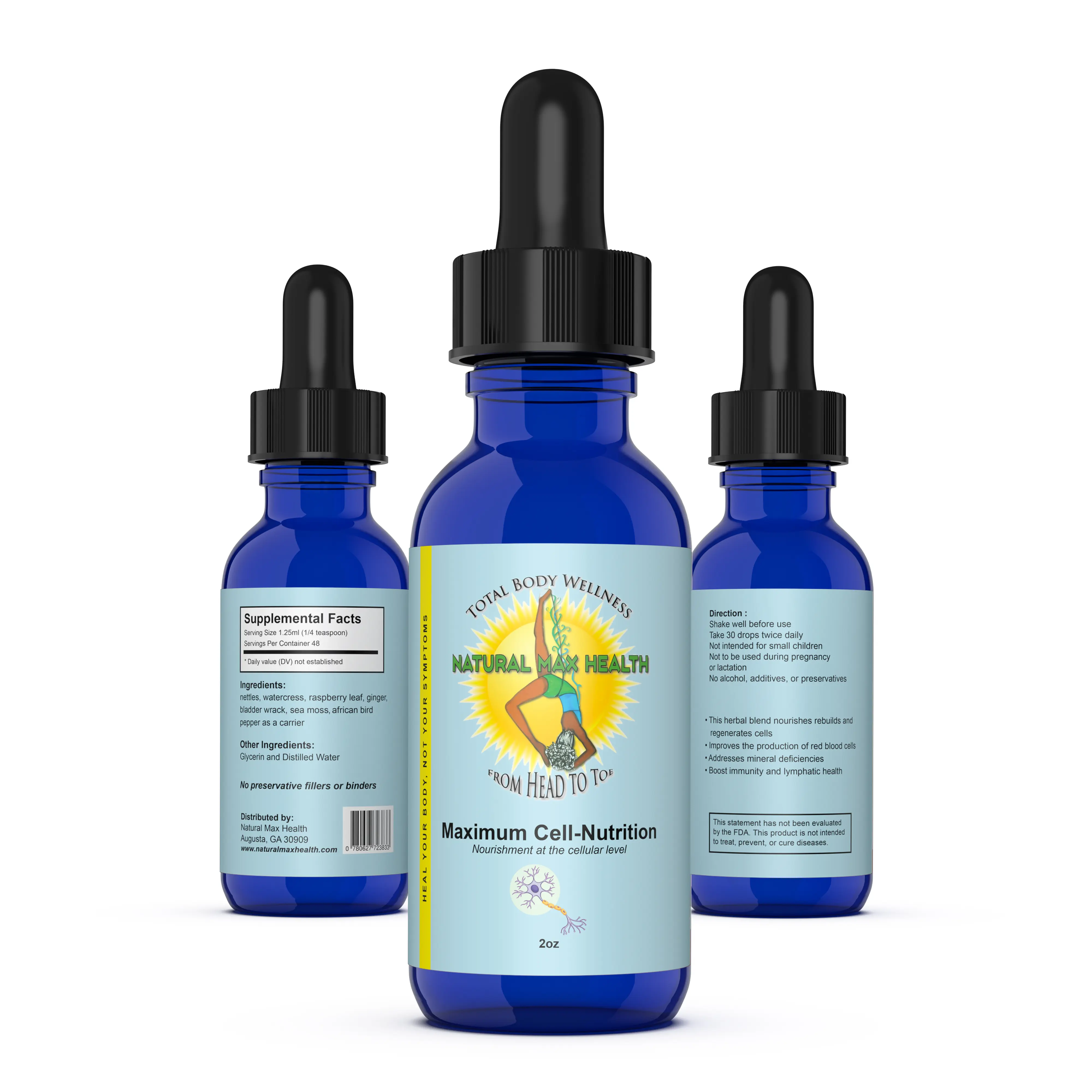 Maximum Cell-Nutrition  is our specially formulated blend of wildcrafted herbs that provide 102 minerals the human body needs daily to maintain a healthy state