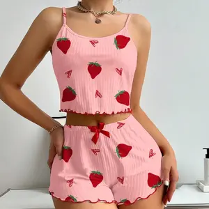 Sleepwear Women's Casual Underwear Strawberry Print Camisole and Shorts Pajama Set Ventilate Soft Loungewear