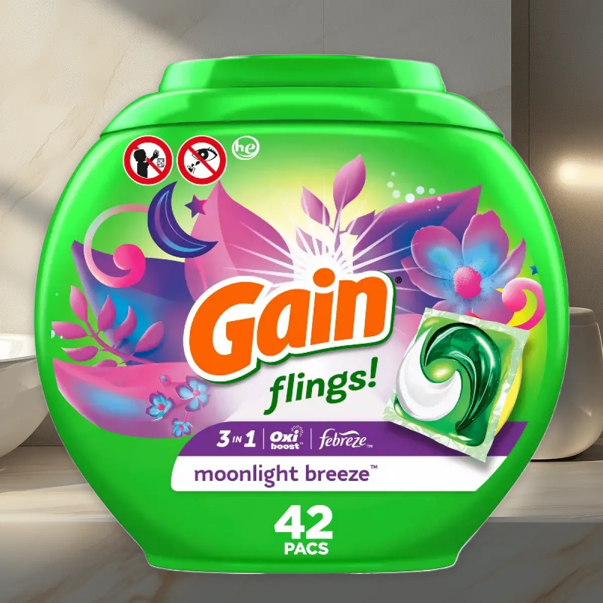 Gain Flings Laundry Pacs Moonlight Breeze 80oz 112ct - Moonlight Breeze Scent Laundry Pacs, 80oz 112ct, HE Compatible, for Freshness, Bulk Value Pack