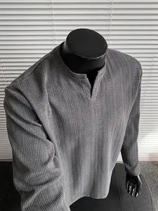 Wheat ear texture small V-neck long-sleeve T-shirt, men’s spring heavyweight premium-feel layering sweatshirt, loose top #fathersdaygift