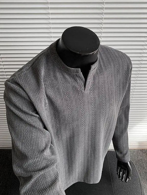 Men's Wheat Ear Texture Small V-Neck Long-Sleeve Casual Menswear Clothes, Spring Heavyweight Premium Layering Sweatshirt, Loose Top #FathersDayGift