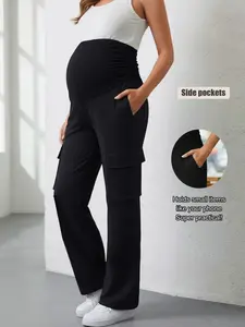 Women's High Waist Side Pleated Loose Straight Leg Pants, Multi-Pocket Maternity Wide Leg Workwear, Supportive Belly Design, Maternity Clothing