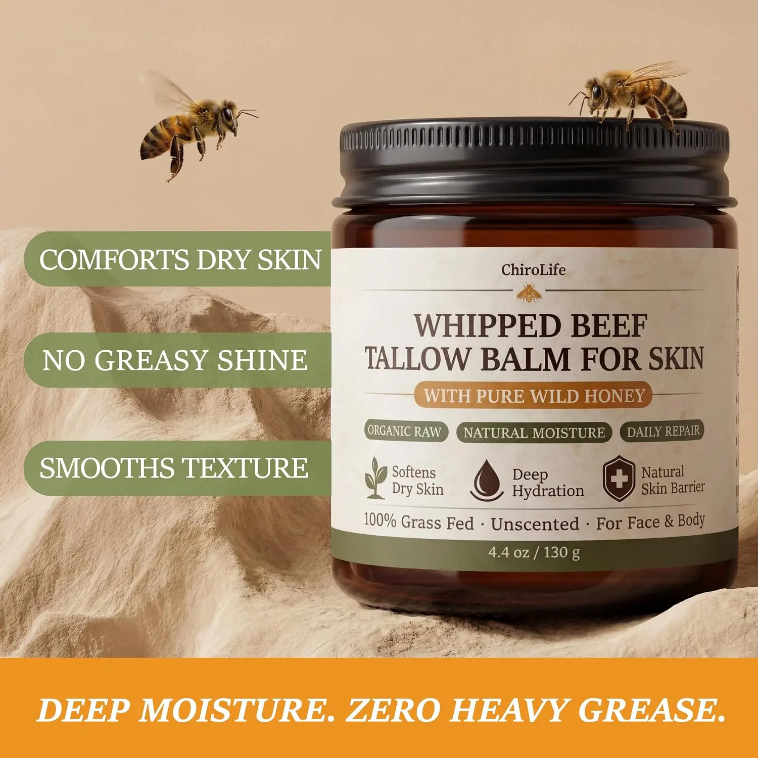 Grass-Fed Beef Tallow for Skin, Whipped Tallow and Honey Balm for Face and Body, Pure Tallow Face Moisturizer, Organic Beef Tallow Balm & Cream with Natural Beeswax - 4.4 oz