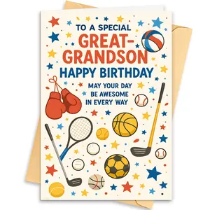 1pc Great-Grandchild Birthday Card & Envelope Set Blank Inner Page for Personalized Birthday Wishes Versatile Sports Theme Preferred Gifting Option for Great-Grandparents & Elders Themed Greeting Card