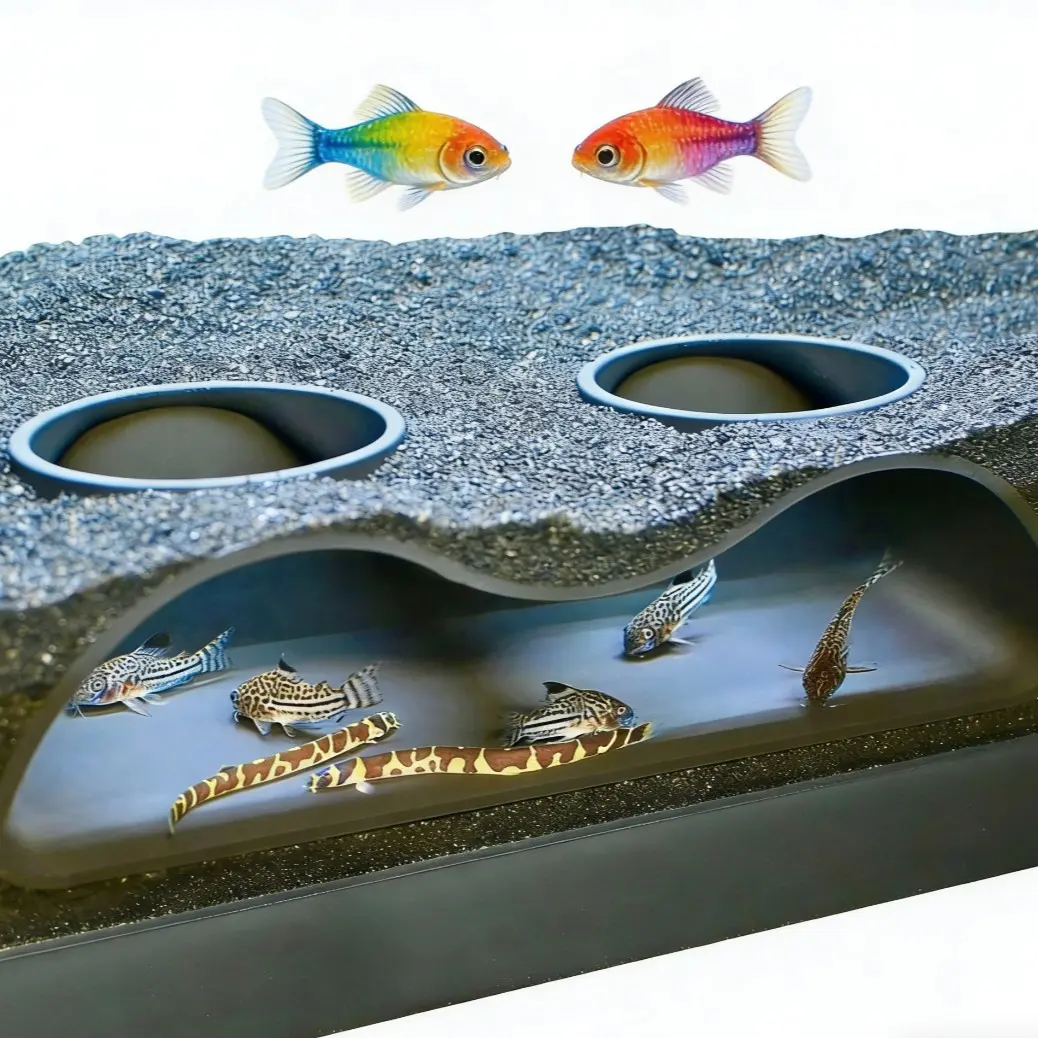 Aquarium Underground Tunnel Cave Two Hole - Aquatic Natural Curve Hiding Spot Hideout for Corydoras, Loaches, Plecos & Betta Fish - Aquarium Safe Plastic, 7" x 3.5" x 2.2"