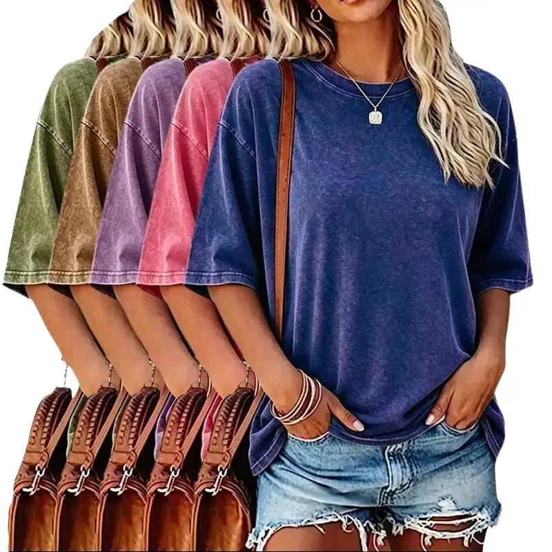 Women's 5-Pack Vintage Washed Pure Cotton Loose Cut Distressed Crew Neck T-Shirts, Machine Washable, Casual Layering Tops, Machine Wash, Black + Gray + Blue + Rose Red + Coffee, Blue + Rose Pink + Purple + Coffee + Apricot, 5 Counts, Short Sleeve
